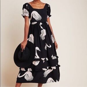 ANTHROPOLOGIE - The Odells swan print maxi ruffle dress small